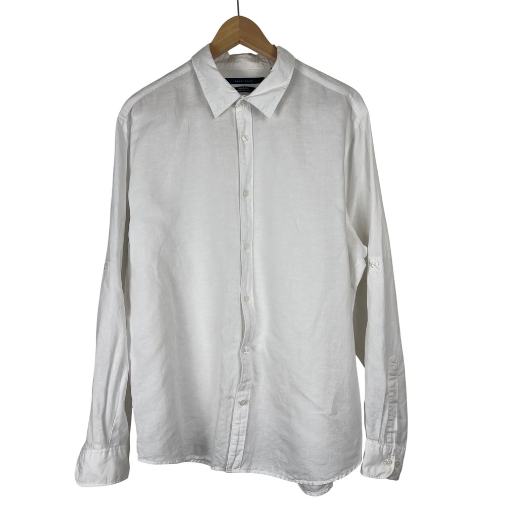 Perry Ellis Mens XL White Linen Blend Roll Tab Long Sleeve Button Down Shirt